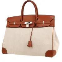 Сумка Hermès Birkin высотой 40 см из кожи Barénia золотистого цвета и канвы бежевого цвета.