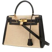 Сумка Hermès Kelly 28 см из черной коробчатой кожи и бежевого конского волоса