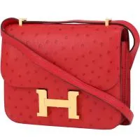 Мини-сумка через плечо Hermes Constance ярко-красного страуса